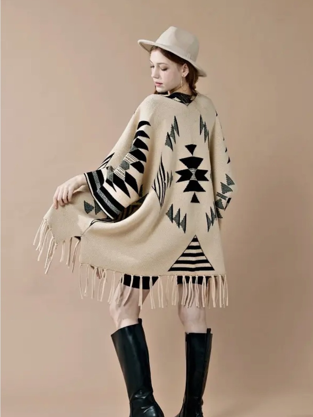 444.Beige & Black Aztec Fringe Open-Front Poncho Sweater